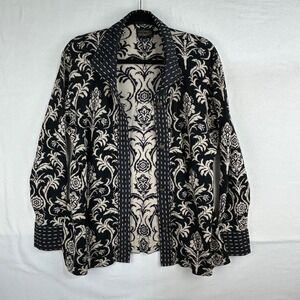 Icelandic Design Black Beige Damask Print Button Up Cardigan Sweater Women's L